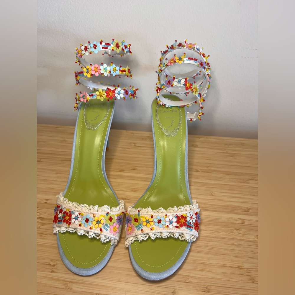 Floral Embellished Lace Strap High Heels - Green - Picture 5 of 6